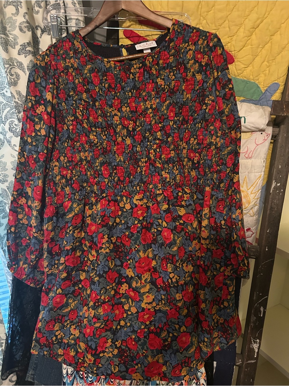 Ingrid & Isabel Navy Floral Smocked Blouse with Red and Gold Flowers